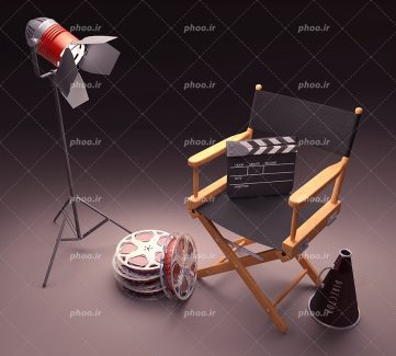 عکس با کیفیت نور پردازی بر روی صندلی کارگردان در کنار رول های فیلم و کلاکت و بلندگوی کارگردان