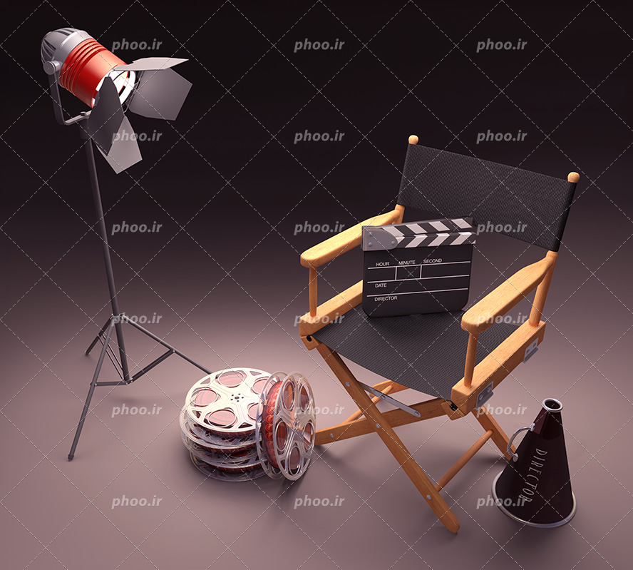 عکس با کیفیت نور پردازی بر روی صندلی کارگردان در کنار رول های فیلم و کلاکت و بلندگوی کارگردان