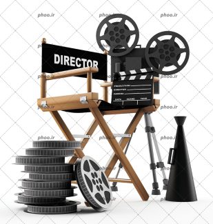 عکس با کیفیت رول های چیده شده بر روی یکدیگر در کنار صندلی و دوربین فیلم برداری و بلندگوی کارگردان
