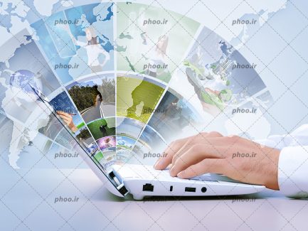 عکس با کیفیت مرد در حال استفاده از لپ تاپ و عکس های مختلف به همراه نقشه جهان در پس زمینه