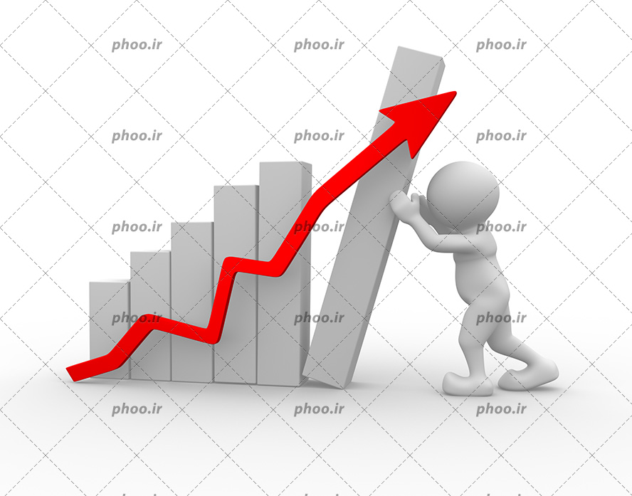عکس با کیفیت آدمک در حال چیدن نمودار های سنگی به رنگ سفید در کنار یکدیگر و فلش قرمز به سمت بالا در حال نشان دادن رشد و سود اقتصادی