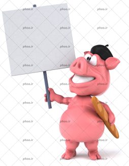 عکس با کیفیت خوک انیمیشنی به رنگ صورتی و تابلوی سفید در یک دست و نان باگت در دست دیگر
