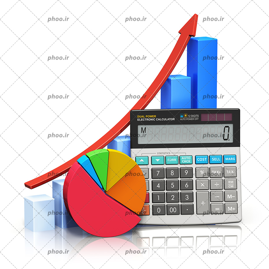 عکس با کیفیت نمودار رشد مالی و ماشین حساب در کنار آن در پس زمینه سفید