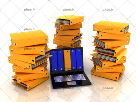 عکس با کیفیت صفحه لپ تاپ به شکل قفسه و بیرون آمدن زونکن زرد از آن و زونکن های زرد چیده شده روی یکدیگر