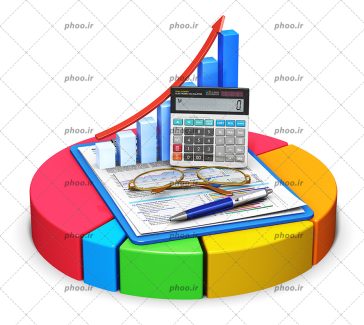 عکس با کیفیت برگه ها و ماشین حساب و خودکار و عینک بر روی نمودار دایره ای رنگارنگ