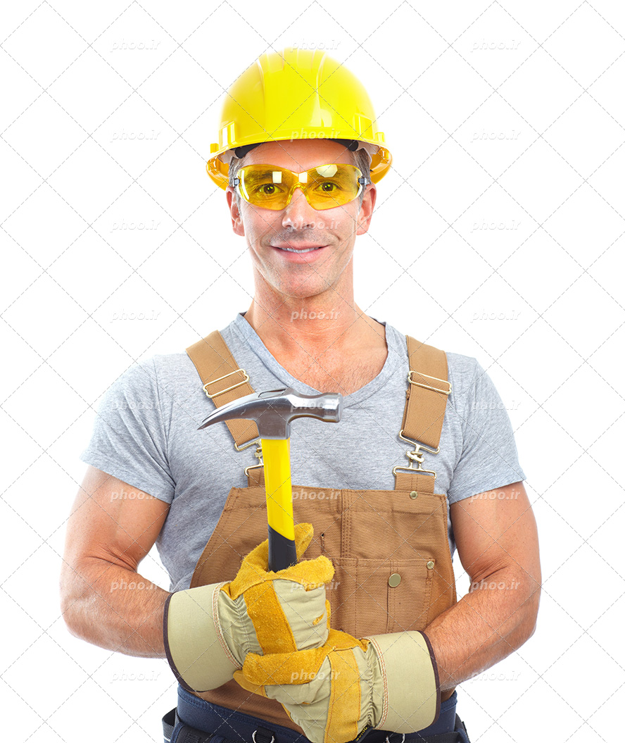 عکس با کیفیت مرد با عینک و کلاه ایمنی و لباس مخصوص و چکش به دست