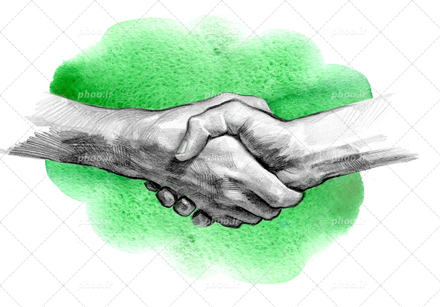 عکس با کیفیت زیبا نقاشی دو دست در حال دست دادن به یکدیگر و پس زمینه به رنگ سبز