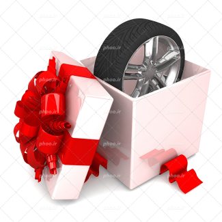 عکس با کیفیت زیبا لاستیک داخل جعبه ی هدیه ی بزرگ با ربان قرمز در پس زمینه سفید