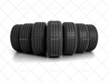 عکس با کیفیت لاستیک ها ایستاده در کنار یکدیگر در یک ردیف و پس زمینه به رنگ سفید