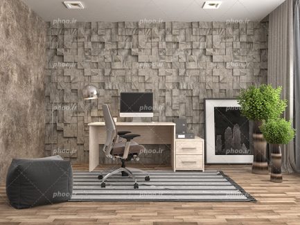 عکس با کیفیت چیدمان اتاق کار و میز و صندلی و کار و دیوار پوش سه بعدی و گلدان های زیبا در کنار پرده
