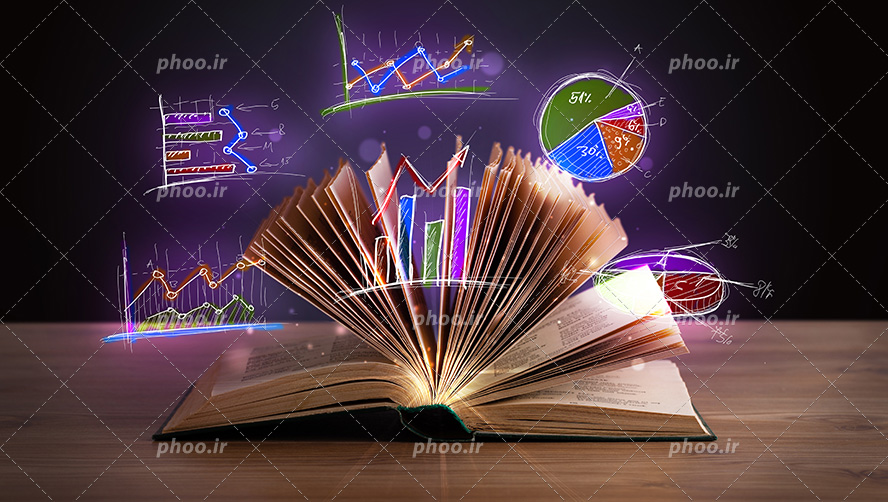 عکس با کیفیت زیبا نمودار های نورانی در اطراف کتاب باز در پس زمینه مشکی