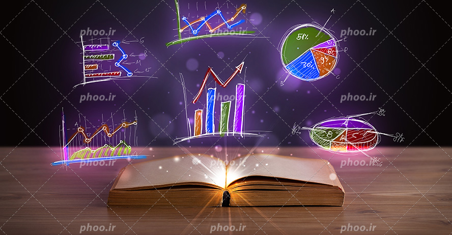 عکس با کیفیت بسیار زیبا کتاب باز نورانی و نمودار های رنگارنگ با شکل های مختلف و نورانی در بالای کتاب در پس زمینه مشکی
