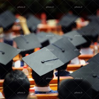 عکس با کیفیت دانشجو های نشسته بر روی صندلی با کلاه های فارغ التحصیلی