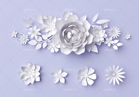 عکس با کیفیت گل های بزرگ و کوچک و زیبای کاغذی در کنار یکدیگر و چند گل در پایین آنها در پس زمینه آبی