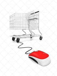 موس کامپیوتر وصل به سبد چرخدار فلزی مناسب برای فروشگاه های اینترنتی