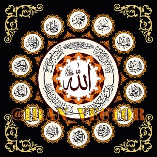 عکس با کیفیت منحصربفرد زمینه به رنگ مشکی با خط های اسلیمی در گوشه تصویر و کلمه ی مقدس الله در وسط کادر و اسامی چهار ده معصوم به دور آن