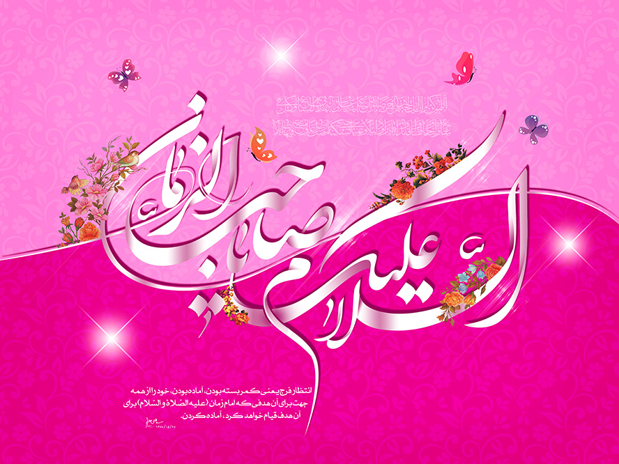 عکس با کیفیت  طرح یا پوستر ولادت صاحب الزمان (ع) پس زمینه دو رنگ صورتی تیره و روشن و السلام علیک یا صاحب الزمان و گل مرغ بر روی متن و پروانه های زیبا در اطراف متن