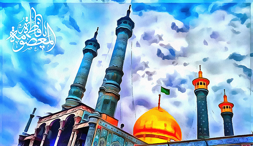 عکس با کیفیت تصویر حرم مطهر زیبای حضرت فاطمه معصومه (س) و پس زمینه آسمان آبی ابری