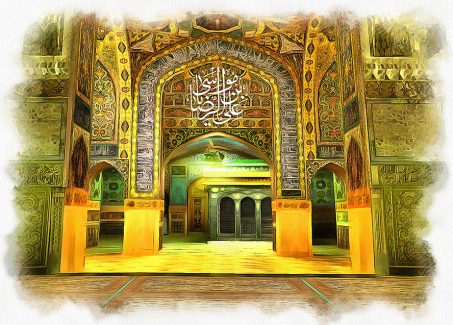 عکس با کیفیت داخل حرم امام رضا (ع) و دیوار های طلایی زیبا و نقوش اسلیمی زیبا و نام مبارک حضرت امام رضا (ع)