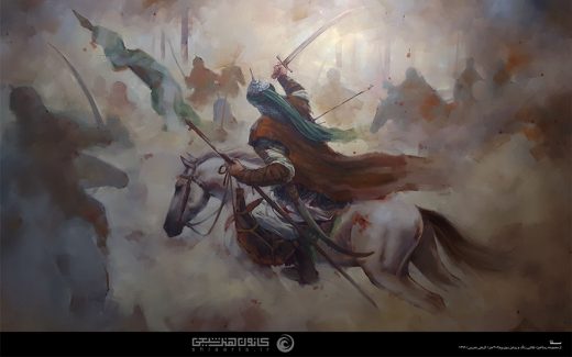 عکس با کیفیت طرح یا پوستر شهادت حضرت عباس (ع) تصویر سازی واقعه عاشورا از حضرت عباس بر روی اسب سفید در حال جنگیدن