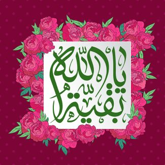 عکس با کیفیت یا بقیه الله در وسط قاب زیبا گل های رز صورتی و پس زمینه رنگ زرشکی خالدار