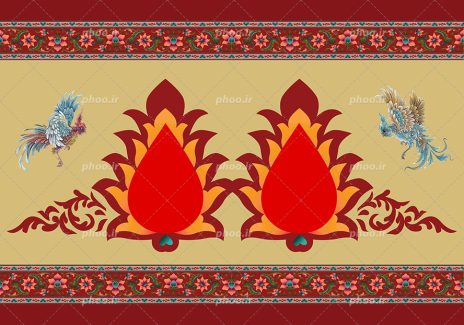 عکس با کیفیت پس زمینه کرمی دو کادر به شکل گل های شاه عباسی به رنگ زرد و قرمز و نارنجی و دو پرنده زیبا در اطراف کادر ها