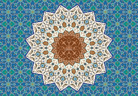 عکس با کیفیت زمینه تزئین شده با نقوش هندسی به رنگ آبی و شمسه زیبا به رنگ کرمی تزئین شده با نقوش اسلیمی