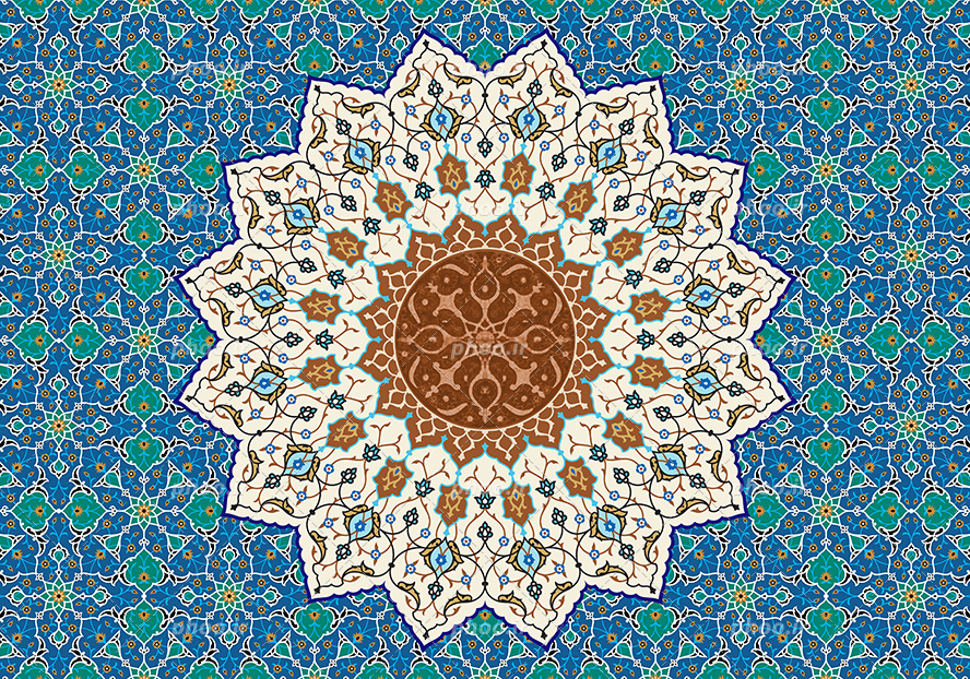 عکس با کیفیت زمینه تزئین شده با نقوش هندسی به رنگ آبی و شمسه زیبا به رنگ کرمی تزئین شده با نقوش اسلیمی