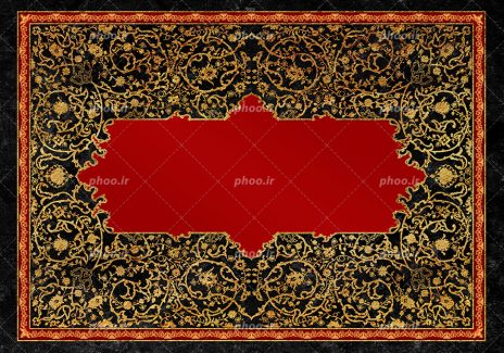 عکس با کیفیت زمینه به رنگ مشکی و تزئین شده با خطوط اسلیمی به رنگ طلایی و قاب به رنگ زرشکی