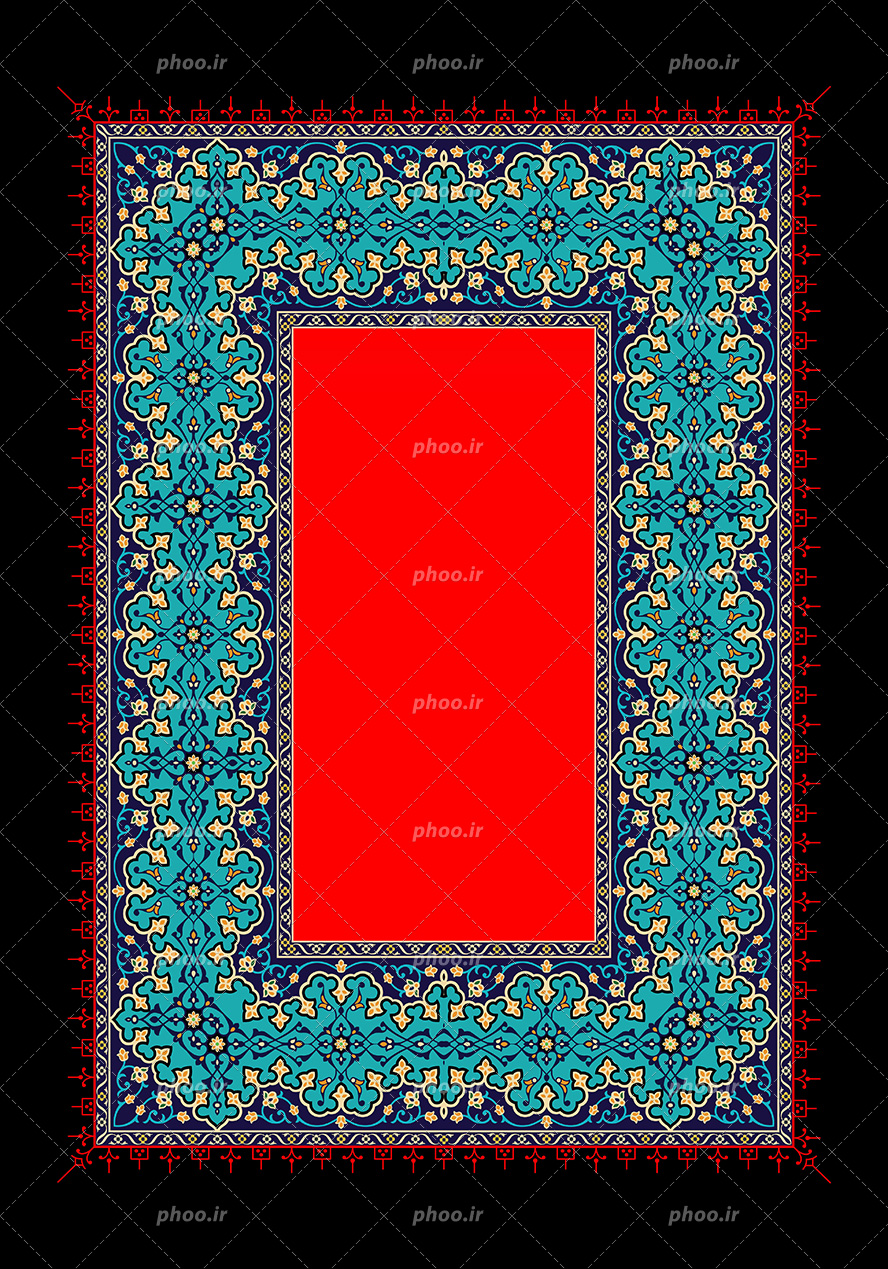 عکس با کیفیت پس زمینه به رنگ مشکی قاب زیبا با زمینه به رنگ فیروزه ای با خطوط اسلیمی و زمینه قاب به رنگ قرمز