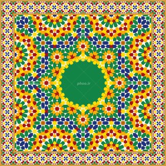 عکس با کیفیت پس زمینه به رنگ سبز و دایره ای در وسط متشکل از نقوش هندسی رنگارنگ زیبا