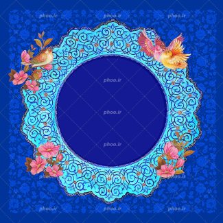 عکس با کیفیت شمسه ای به رنگ آبی و با خطوط اسلیمی در آن و گل مرغ زیبا بر روی کادر و پس زمینه سرمه ای و نقوش اسلیمی