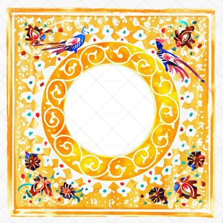 عکس با کیفیت پس زمینه زرد و دایره ای در وسط به شکل شمسه و خطوط اسلیمی به دور آن و پرنده های رنگی به دور دایره