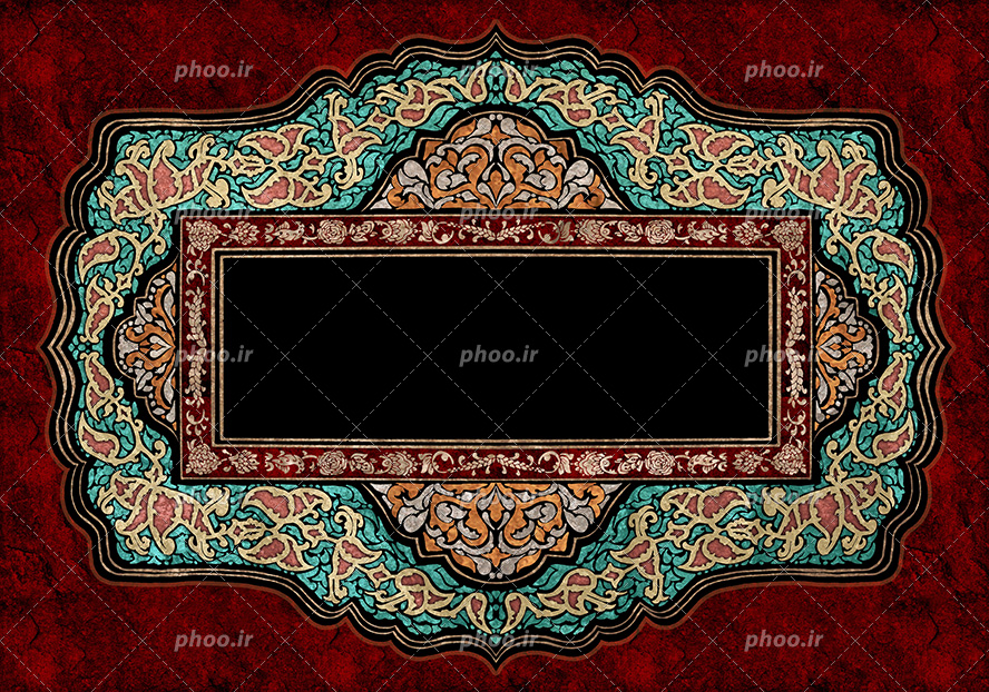 عکس با کیفیت پس زمینه قرمز و کادر مشکی رنگ با قاب زیبا با نقوش اسلیمی