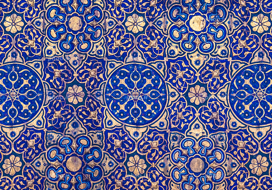 عکس با کیفیت نقوش اسلیمی زیبا به رنگ طلایی در کنار یکدیگر در پس زمینه سرمه ای