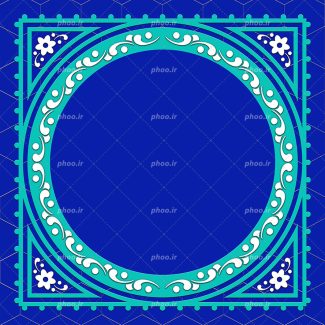 عکس با کیفیت زمینه به رنگ لاجوردی و قاب دایره ای شکل با کادر به رنگ فیروزه ای و تزئین شده با خطوط