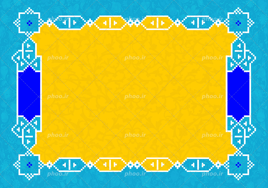 عکس با کیفیت پس زمینه به رنگ آبی روشن و زمینه قاب به رنگ زرد و تزدین شده با خطوط و نقوش هندسی