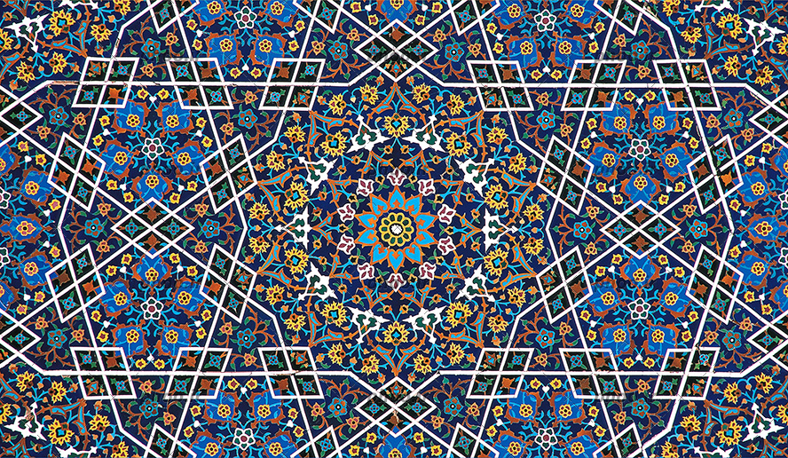 عکس با کیفیت کاشی ها با نقوش هندسی و شمسه در وسط کادر