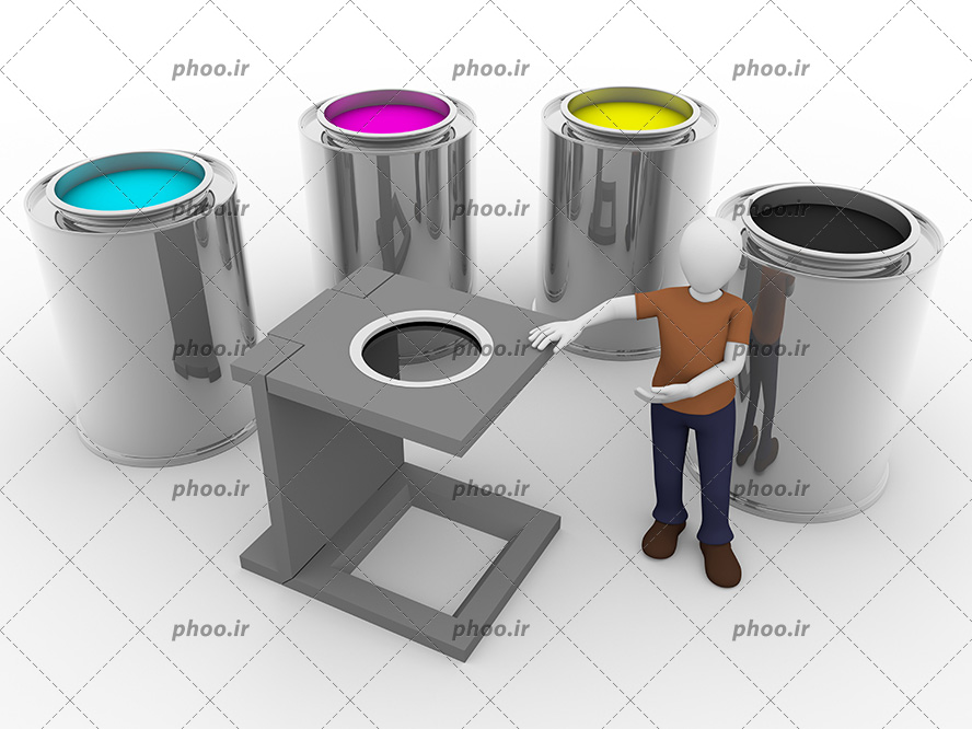 عکس با کیفیت آدمک در کنار سطل های رنگارنگ