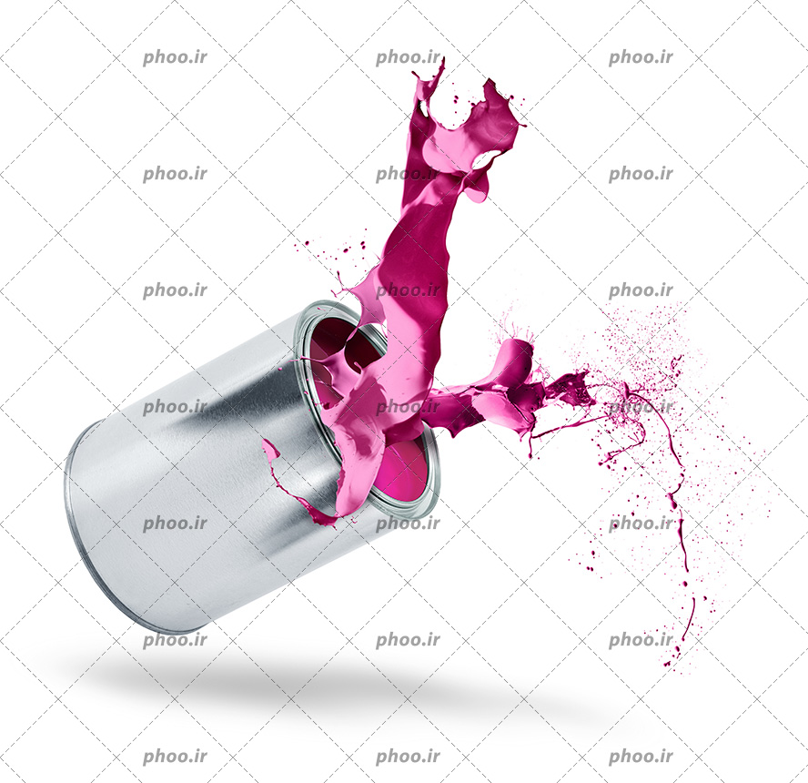 عکس با کیفیت قوطی رنگ فلزی در حال افتادن و بیرون ریخته شدن رنگ صورتی