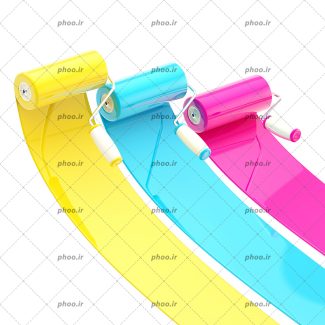 عکس با کیفیت سه غلتک رنگی شده در کنار یکدیگر در حال کشیده شدن در پس زمینه سفید