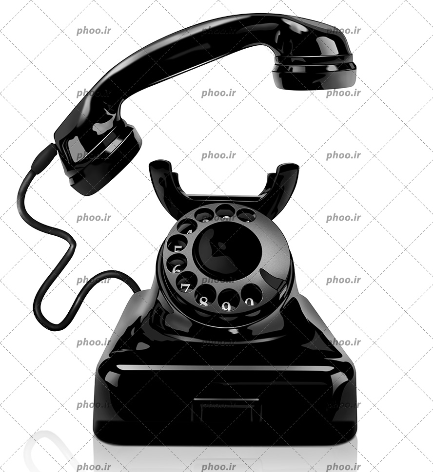 عکس با کیفیت گوشی تلفن در بالای تلفن قدیمی به رنگ مشکی در پس زمینه سفید