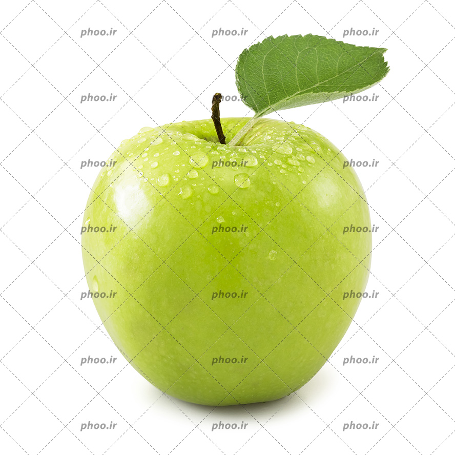 عکس با کیفیت سیب سبز همراه با برگ سبز ر پس زمینه سفید