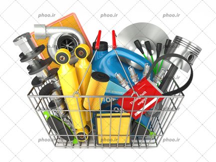 عکس با کیفیت تجهیزات و وسایل تعمیرگاه در داخل سبد فلزی