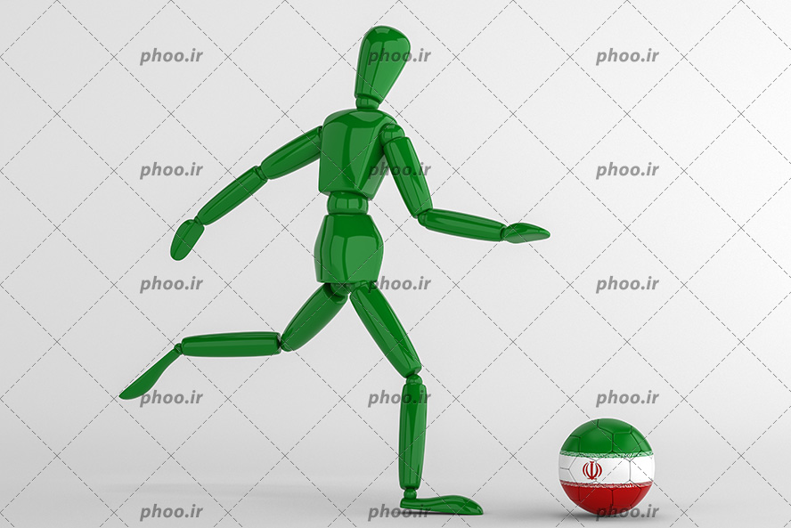 عکس با کیفیت توپ شبیه به پرچم ایران و ماکت آدم به رنگ سبز در حال شوت زدن به توپ