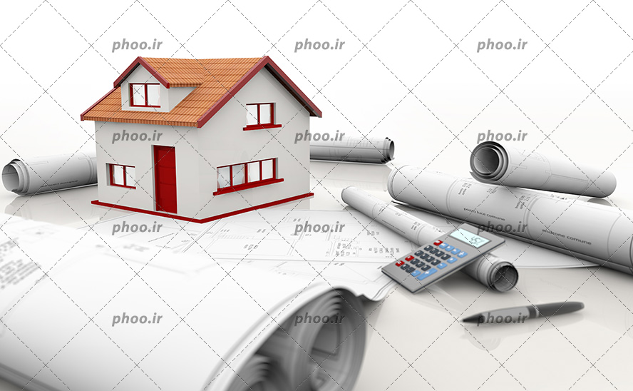 عکس با کیفیت تصویری از نقشه های ساختمانی بر روی یکدیگر در کنار ماکت خانه و ماشین حساب و خودکار