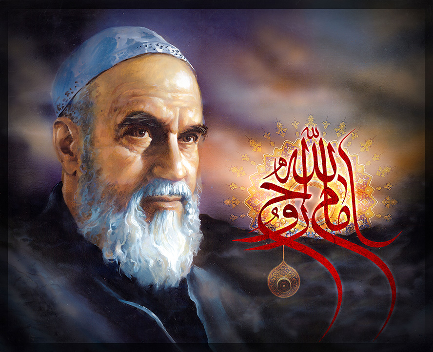 عکس با کیفیت نقاشی دیجیتالی چهره امام خمینی (ره) و متن امام روح الله با فونت زیبا و به نگ قرمز در کنار تصویر