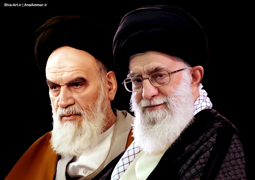 عکس با کیفیت امام خمینی (ره) با عبا قهوه ای و عمامه مشکی و آیت الله خامنه ای با عبا و عمامه مشکی و پس زمینه به رنگ مشکی