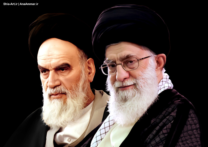 عکس با کیفیت پس زمینه به رنگ مشکی و امام خمینی (ره) و سید علی خامنه ای با عبا و عمامه مشکی