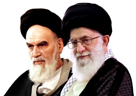 عکس با کیفیت آیت الله خامنه ای و امام خمینی (ره) در کنار یکدیگر با عبا و عمامه مشکی و پس زمینه به رنگ سفید